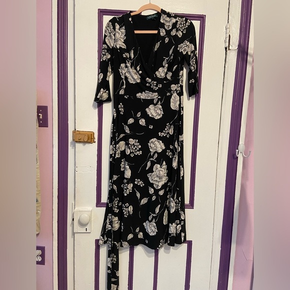 Ralph Lauren Black & White Floral Wrap Maxi Dress - Size 8 - Picture 1 of 6